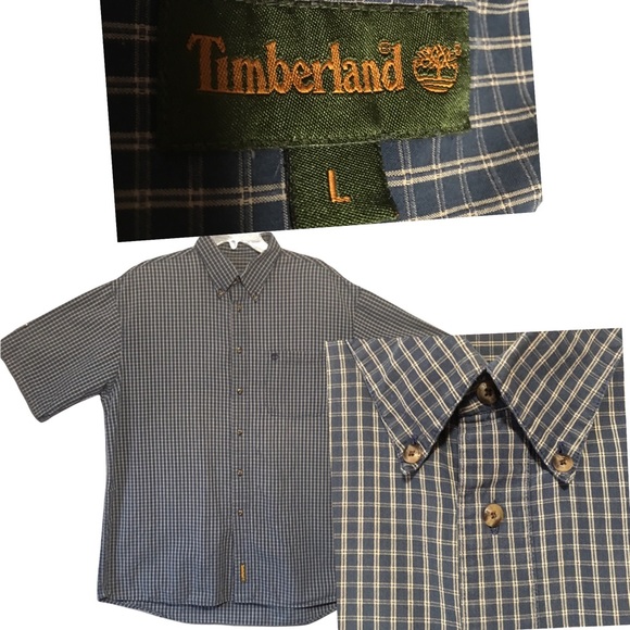 Timberland Button down short sleeve blue plaid shirt Lg EUC - Picture 1 of 13